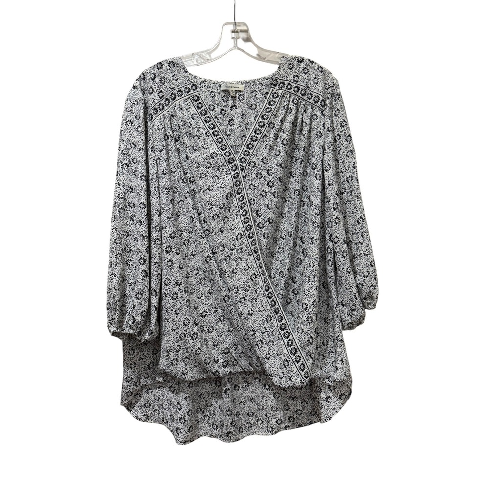 Max Studio Womens 1X Blouse Black White Floral Faux Wrap Surplice V-Neck Top